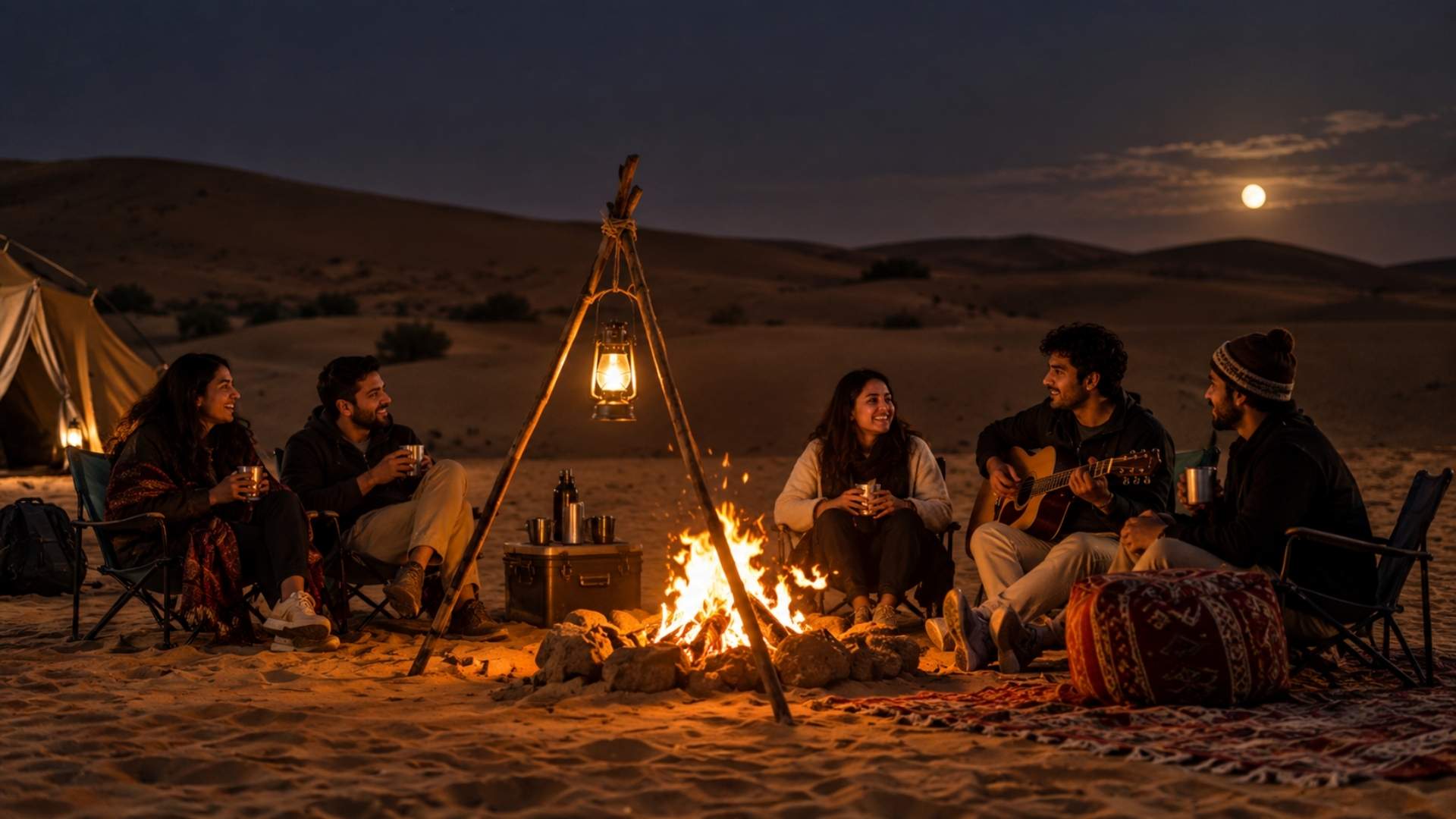 Desert camp bonfire under the night sky